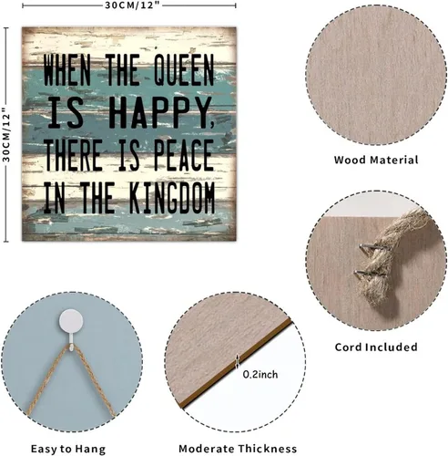 Vista 2 de Placa de madera de estilo Shabby Chic con texto en inglés "Saying When The Queen Is Happy There Is Peace in The Kingdom", rústico de madera antigua