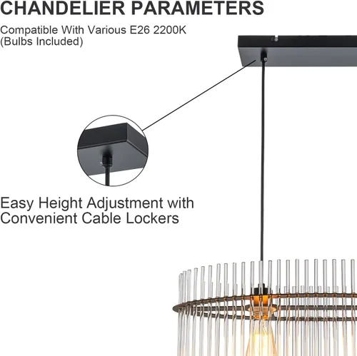 Vista 3 de Candelabro Moderno de Cristal de 2 Luces D23.6 Candelabro de Comedor Sobre Mesa Lámpara Colgante Contemporánea Altura Ajustable E26 para Sala