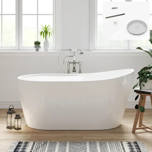 Vista 11 de FerdY Langkawi - Bañera independiente de acrílico de 59 pulgadas, bañera de remojo sola moderna blanca, certificado cUPC, drenaje dorado cepillado