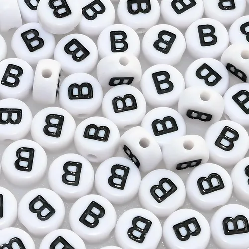 Amaney - Cuentas de letras B 100 piezas 0.27 x 0.15 pulgadas cuentas acrílicas redondas blancas del alfabeto negro para hacer joyas de pulsera