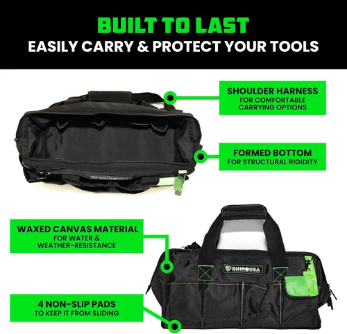 Vista 3 de Rhino USA Bolsa de herramientas (18 pulgadas) resistente de boca ancha con cremallera para hombres, bolsas grandes de herramientas con bolsillos