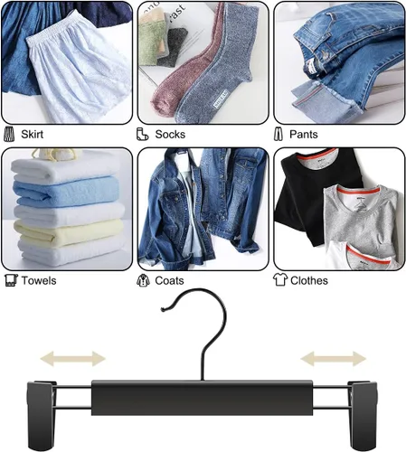 Vista 4 de Paquete de 10 perchas para ropa y pantalones, soportes para faldas que ahorran espacio con ganchos giratorios de 360°, clips ajustables, pantalones