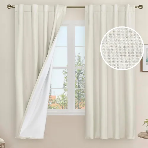 Vista 120 de LAMIT Cortinas opacas cortas de lino de 30 pulgadas para ventanas de cocina sobre el fregadero, cortinas de café texturizadas de lino marfil
