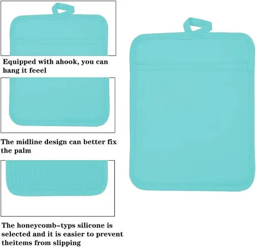 Vista 3 de Oven Pot Holder with Pocket Cotton Heat Resistant Coaster Potholder Kitchen Hot Pad Oven Mitts for Cooking and Baking Square 7"x9" (Aqua, Silicone)