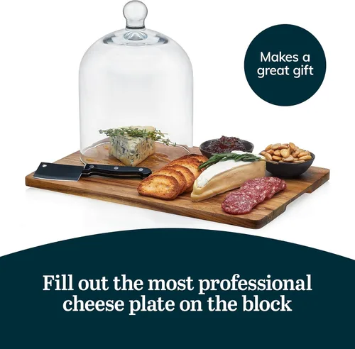 Vista 5 de Libbey Juego de 4 tablas de queso Acaciawood de Acaciawood, tabla redonda de charcutería con cúpula de cristal, cuchillo y cuencos, tablas