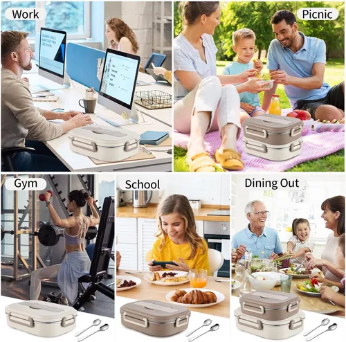 Vista 8 de Lonchera Bento de acero inoxidable de 33.8 fl oz, versátil lonchera portátil de 3 compartimentos, contenedor de almuerzo para adultos y niños