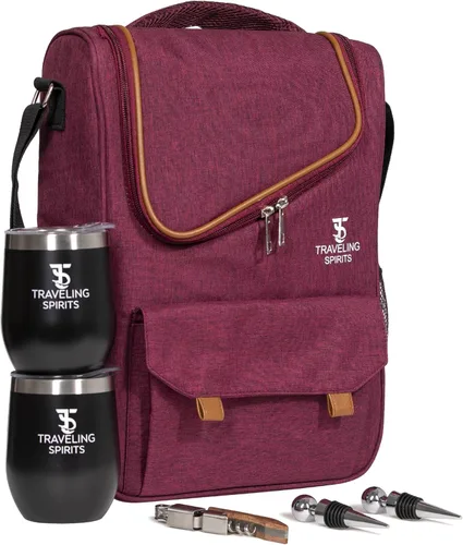 Vista 10 de Bolsa de viaje aislada para vino tinto Bolsa de viaje de 2 a 3 botellas con vasos de acero inoxidable Bolsa enfriadora para viajes - Gran regalo