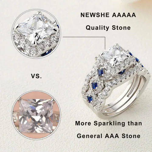 Vista 3 de Newshe - Juego de anillos de compromiso de plata de ley 925, 3 piezas de 2,5 quilates, color blanco, azul, talla 5 10