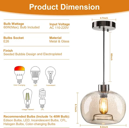 Vista 5 de HASUN 2 Pack Glass Pendant Light Fixtures, 9.2 Inch Pumpkin Pendant Lights Kitchen Island, Modern Amber Seeded Pendant Dining Room Light for