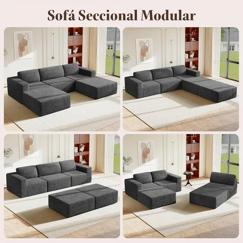 Vista 2 de Vesgantti Sofá modular en forma de U de 119 pulgadas, sofá modular de pana con asiento profundo y soporte de resorte, sofá convertible con 2 Gris