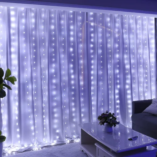 Vista 8 de HXWEIYE 300 luces LED de cortina de hadas, 9.8 x 9.8 pies, enchufe USB, 8 modos de luces colgantes de Navidad con control remoto para dormitorio