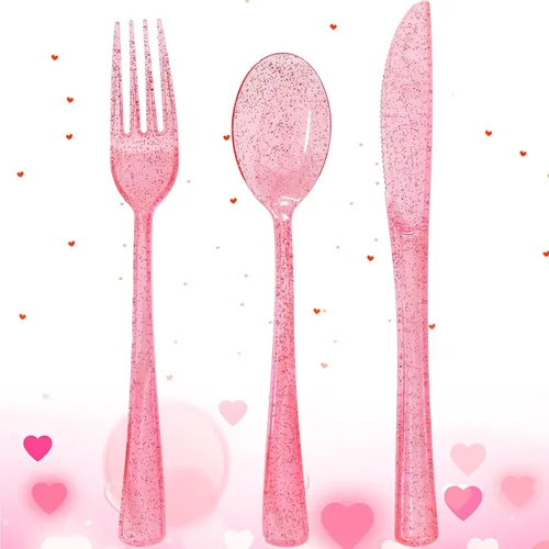Vista 8 de 150 piezas de cubiertos de plástico rosa intenso y utensilios de plástico rosa intenso resistentes - 50 tenedores, 50 cuchillos, 50 cucharas