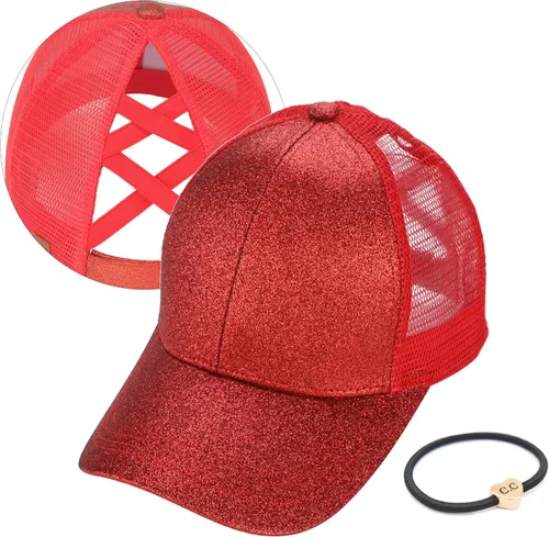 Vista 67 de C.C Gorra de béisbol de malla con diseño de estrella brillante, gorra de camionero ajustable para moño o cola de caballo Una banda elástica-negro