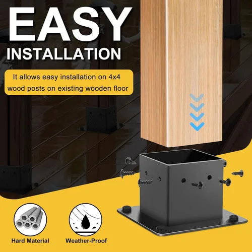 Vista 3 de Base de poste de 4 x 4, 4 soportes de poste (tamaño interior de 3.5 x 3.5 pulgadas), anclaje de acero resistente con recubrimiento en polvo negro