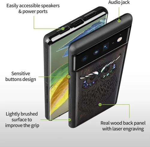 Vista 6 de Carveit Funda de madera de diseñador para Google Pixel 6 Pro (grabado en madera e incrustaciones de carcasa), funda de madera única compatible