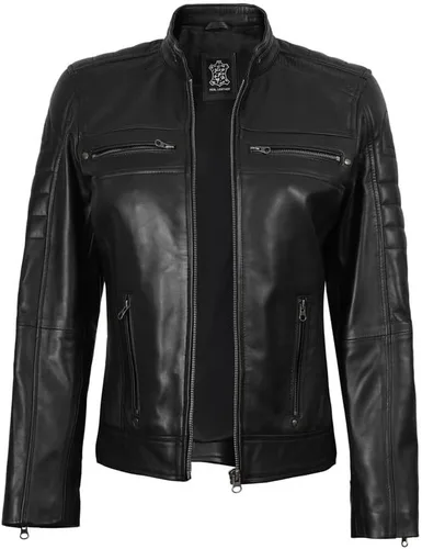 Vista 2 de Blingsoul Cafe Racer Chaqueta de cuero para mujer - Chaquetas de piel de cordero real para mujer