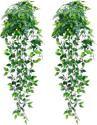 Vista 9 de LOYWREE 3 piezas de plantas falsas de interior, planta artificial de cadena de perlas en macetas negras, plantas colgantes suculentas artificiales