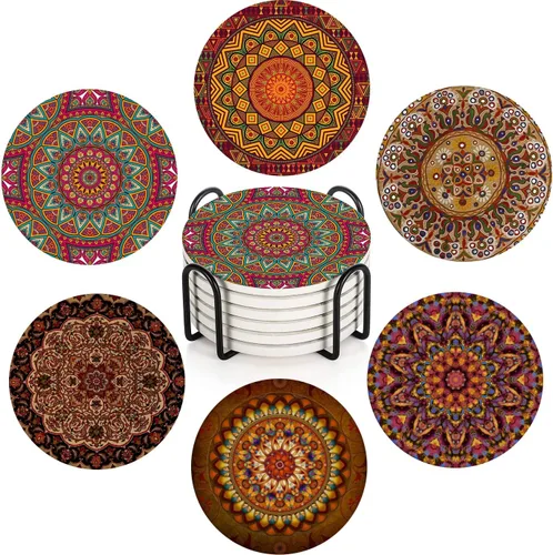 Vista 11 de Britimes Juego de 6 posavasos para bebidas, simples, retro, redondos, de doodle, absorbentes, de piedra cerámica, con base de corcho y soporte