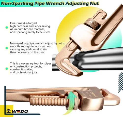 Vista 4 de WEDO Juego de llaves de tubo sin chispas, 10, 12, 14 pulgadas, 3 piezas, sin chispas, llave ajustable de seguridad sin chispas, cobre berilio,