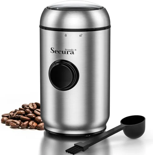 Secura Brands Molinillo de café eléctrico silencioso, con control de pulso de un solo toque, molinillo de café de acero inoxidable para frijoles
