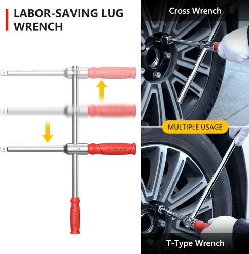 Vista 7 de MAXPOWER Llave para ruedas, Llave de neumático con transmisión de 1/2 pulgada y 2 piezas de llaves estándar (17 mm/19 mm, 21 mm/23 mm), Llave