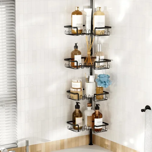 Corner Shower Caddy Tension Pole Adjustable 29–124 Inch, 4 Tier Rustproof Shower Organizer Shelf Rack, Quick Installation Bathroom Storage Shower