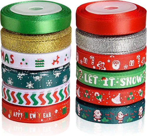SANNIX 12 rollos de cinta de Navidad de 60 yardas para envoltura de regalos, cinta de envoltura de Navidad de 3/8 pulgadas con estampado de copos de