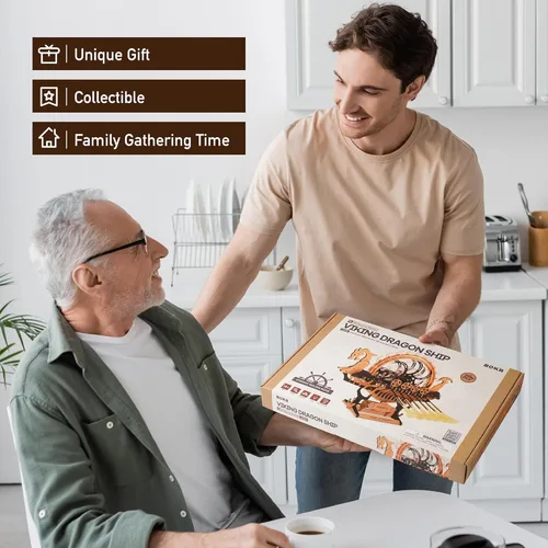 Vista 7 de ROKR - Rompecabezas de madera 3D para adultos, construcción de 3 horas, barco dragón vikingo con luces LED, kits de modelo para adultos