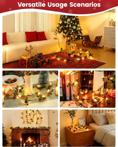 Vista 5 de Guirnalda de Navidad con luces, cadena de piñas de 7 pies con bayas rojas, agujas, 20 luces LED C6 de Navidad, funciona con pilas, guirnalda