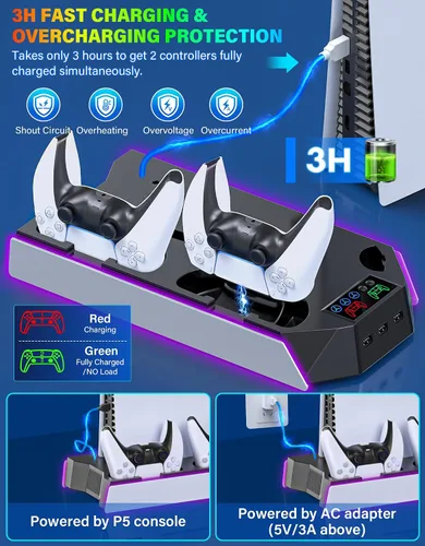 Vista 4 de PS5/PS5-Slim-Estación de refrigeración con controlador de carga para consola PlayStation 5/Digital, soporte de refrigeración de luz LED