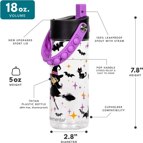 Vista 228 de Elemental Botellas de agua para niños – Botella de agua para niños Splash para la escuela con mango Pop-it – Botella de agua de plástico Tritan sin