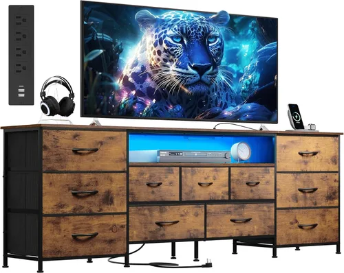 Vista 13 de WLIVE Cómoda de 12 cajones para dormitorio, soporte de TV negro para TV de 65, 70, 75 pulgadas con luz LED y estación de carga, cómoda ancha