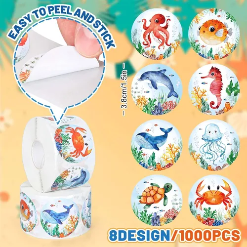 Vista 2 de Whaline 1000 calcomanías de verano de animales del océano, rollo de acuarela, vida marina, impermeable, 8 diseños, lindas calcomanías redondas