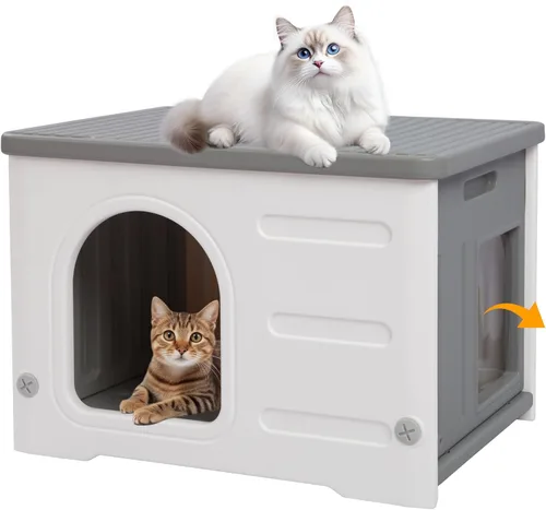 Rockever Casa de plástico para gatos al aire libre con puerta de escape, casa impermeable para gatos ferales al aire libre e interior, casa