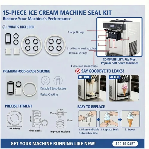 Vista 2 de Piezas de máquina de helado de servicio suave, kit de repuesto de 15 piezas con juntas y juntas tóricas para accesorios de helados Vevor y YIKAFU