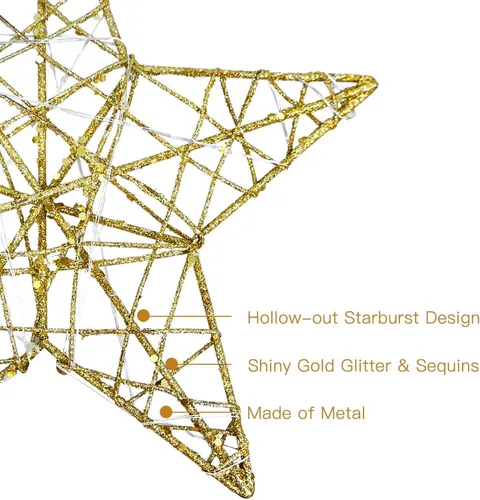 Vista 3 de PHITRIC Decoración para árbol de Navidad con forma de estrella de Navidad de 10 pulgadas iluminada, estrella dorada para árbol de Navidad con 20