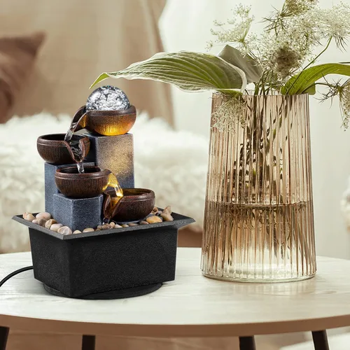 Vista 4 de Fuente de mesa de 4 niveles, cascada de mesa, fuente de interior, de meditación, oficina, hogar, relajación, escritorio, cascada incluye muchas