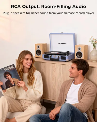 Vista 8 de Tocadiscos de maleta portátil Bluetooth con altavoces estéreo, tocadiscos de 3 velocidades, grabación USB a digital, conector RCA/AUX