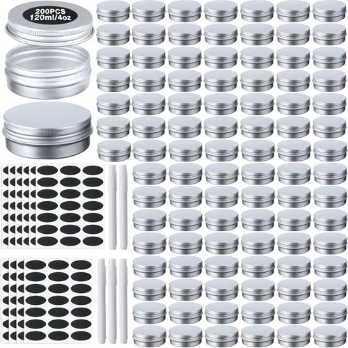 Vista 10 de Paquete de 200 latas de metal de aluminio con tapas, latas redondas con tapa de rosca para bálsamo labial cosmético, velas de bricolaje con 5