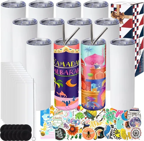 Juego de 12 Vasos de Sublimación de 20 oz, Vasos de Acero Inoxidable de Pared Doble Delgados y Rectos en Blanco, Vaso de Sublimación con Tapa,