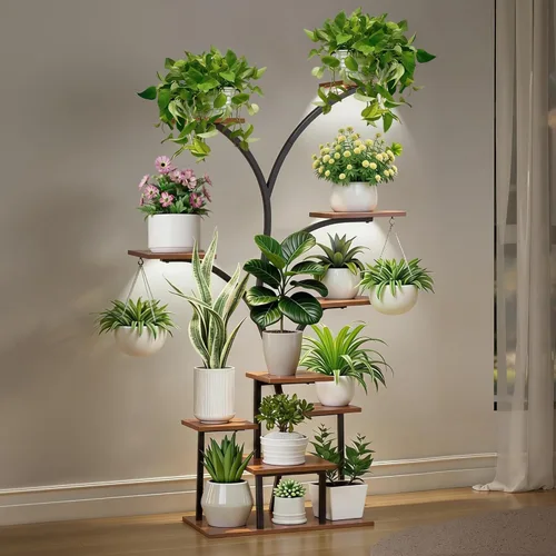 VECELO Soporte para plantas con luz de crecimiento, estante para plantas de 10 niveles con LED de espectro completo, marco de metal y estantes de