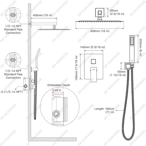 Vista 9 de SR SUN RISE Sistema de ducha - Juego de grifo de ducha con cabezal de ducha de lluvia de 8 pulgadas y ducha de mano - Sistema de ducha de lluvia