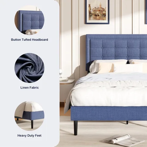 Vista 5 de UNIZONE Base de cama tamaño matrimonial, plataforma tapizada con cabecera capitoné con botones, soporte de listones de madera, base de colchón,