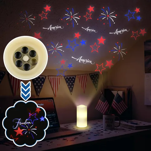 Vista 2 de Vela sin llama del 4 de julio, proyector patriótico, luz de 250 aniversario, decoración de 250 aniversario, vela LED, funciona con pilas, luz