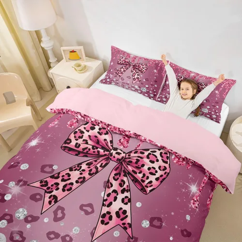 Vista 31 de Feelyou Coquette Bow Bedding Set Twin Size Leopared Bows Comforter Cover for Kids Teens Adults Glitter Diamond Blue Duvet Cover Cute Bowknot Room