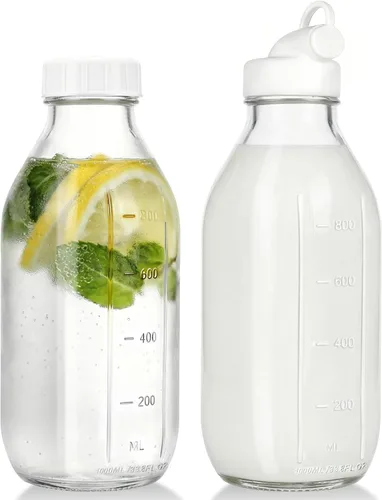 Vista 13 de CUCUMI Botella de leche de vidrio con tapa hermética reutilizable y fuerte, 1 paquete de botellas de jugo de vidrio de 64 onzas para leche