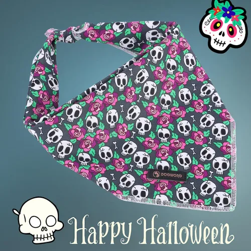 Vista 2 de DOGWONG Bandana de Halloween para perro fantasma, bufanda de calavera negra, bufanda duradera para Halloween, suave, ajustable, pañuelo cuadrado