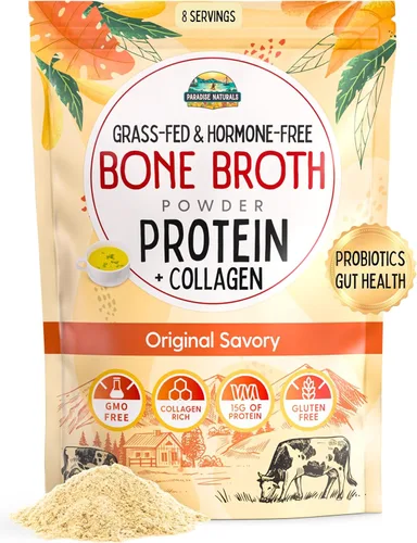 Paradise Naturals Proteína de caldo de huesos orgánico en polvo de colágeno, salado original, probióticos, 0.55 onzas de proteína, sin OMG, bajo en