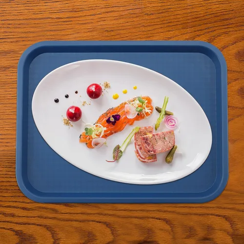 Vista 6 de Paquete de 5 bandejas azules de comida rápida de 14 x 10 pulgadas, bandejas rectangulares grandes para servir restaurante, bandejas de plástico