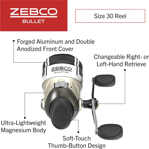Vista 2 de Zebco Bullet MG Spincast Fishing Reel, Size 30 Reel, Ultra-Lightweight Magnesium Body, Changeable Right- or Left-Hand Retrieve